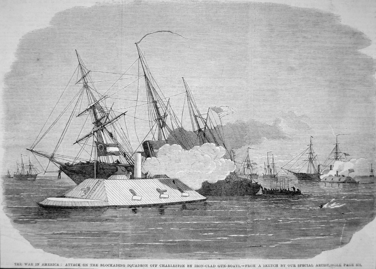 Ironclads confederados atacam o esquadrão federal de bloqueio de Charleston, 4 de Abril de 1863 (litho) de American School