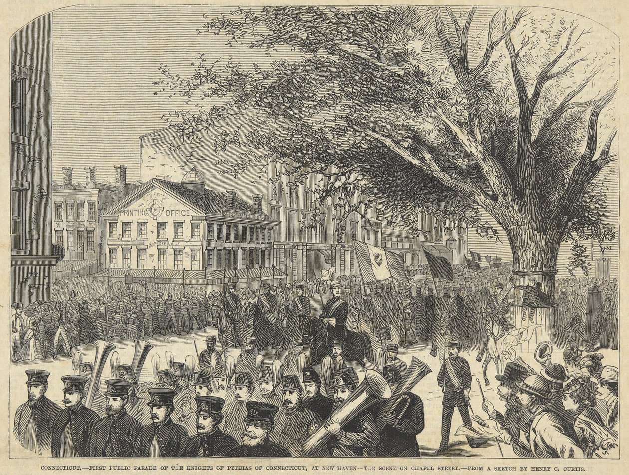 Connecticut - Primeira Parada Pública dos Cavaleiros de Pythias de Connecticut, em New Haven. The Scene on Chapel Street, a partir do Harper