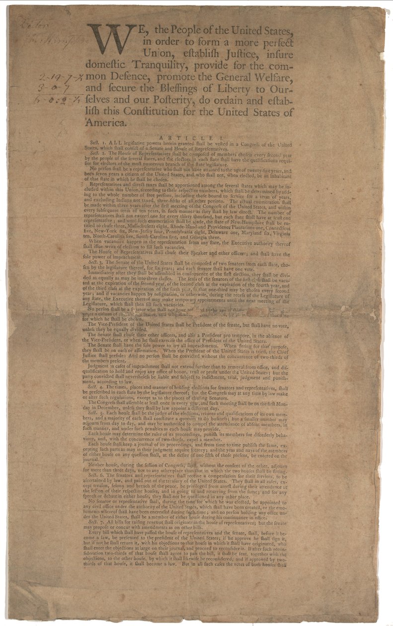 Constituição, primeira impressão, impressa por Dunlap & Claypoole, 17-19 de setembro de 1787 (ver GLC 695934 para a página 2) de American School