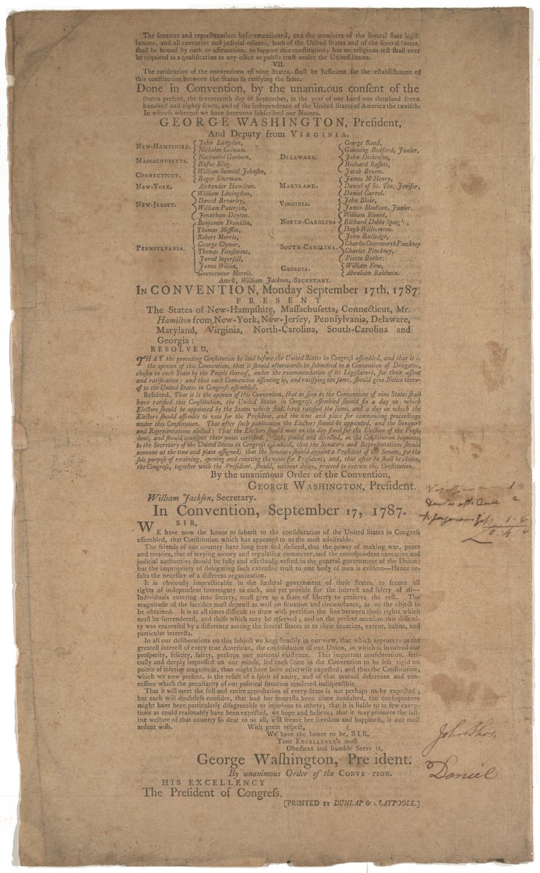 Constituição, primeira impressão, impressa por Dunlap & Claypoole, 17-19 de setembro de 1787 (ver também GLC 695933, GLC 695934 e GLC 695935) de American School