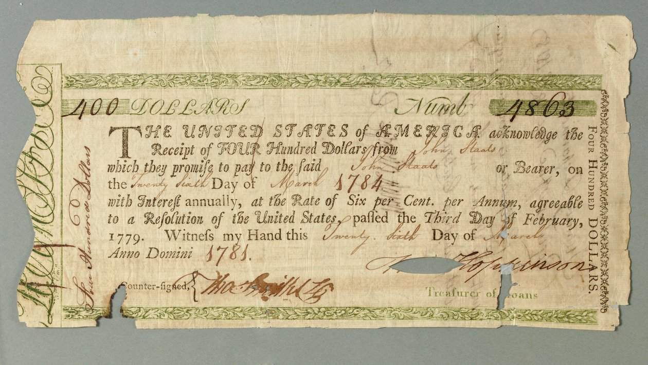 Certificado Continental de Empréstimo número 4863 assinado pelo Tesoureiro Francis Hopkinson, 26 de março de 1781 de American School