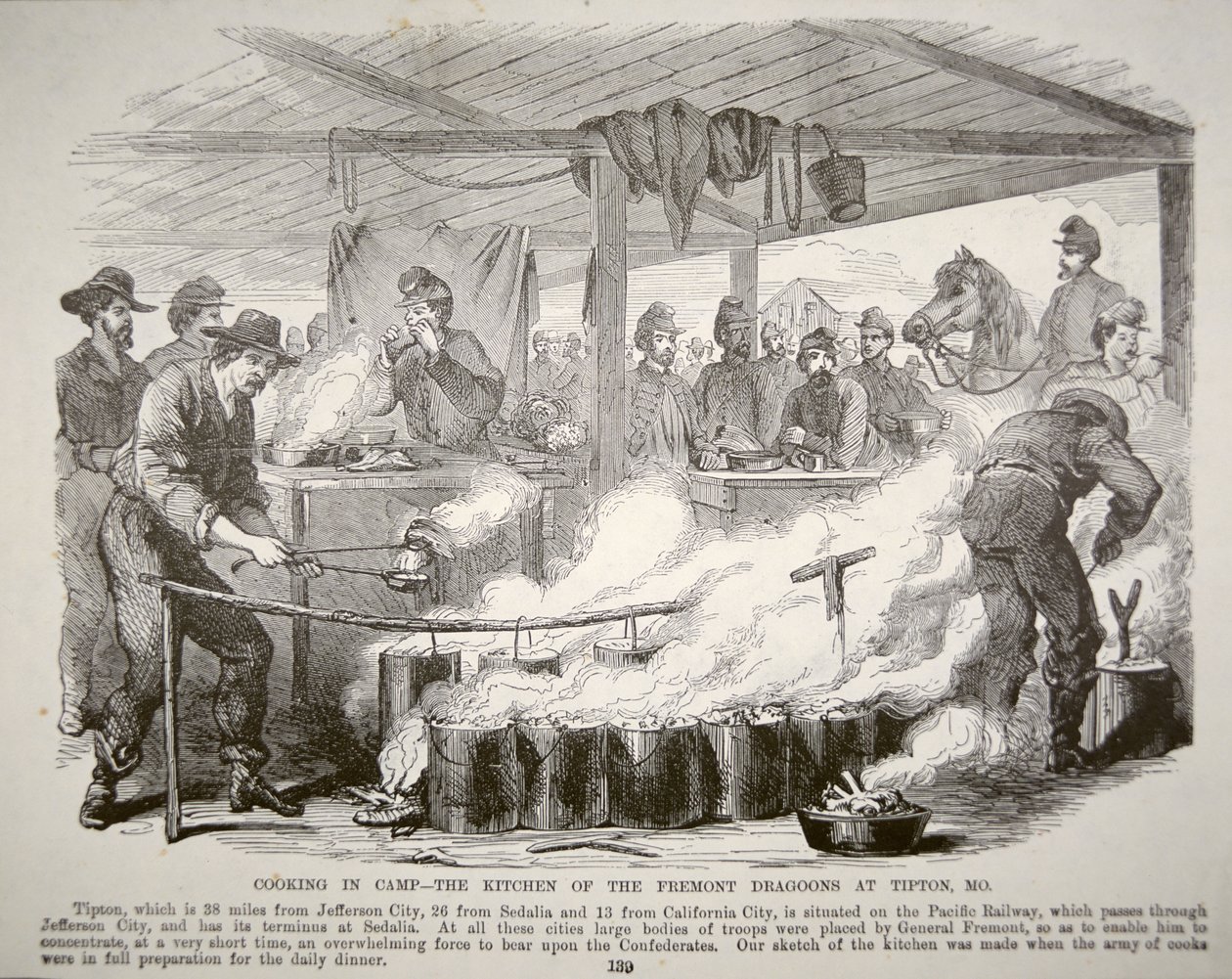 Cozinhar no acampamento - A cozinha dos Fremont Dragoons em Tipton, Missouri (gravura) de American School