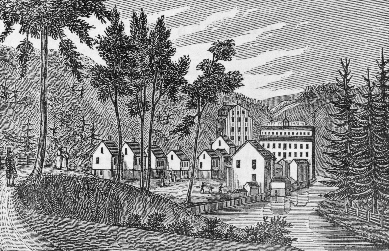 Aldeia de fábrica de algodão, Glastenbury, de &39;coleções históricas de Connecticut&39;, por John Warner Barber, 1856 de American School