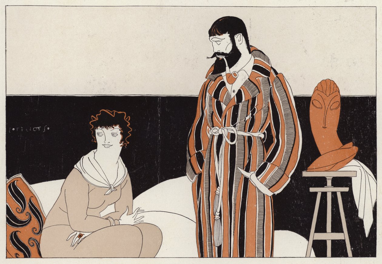 Casal que troça da coexistência do matrimónio e da arte, uma cena do conto "A Vassal To Art", de J. A. Waldron (litografia a cores) de American School