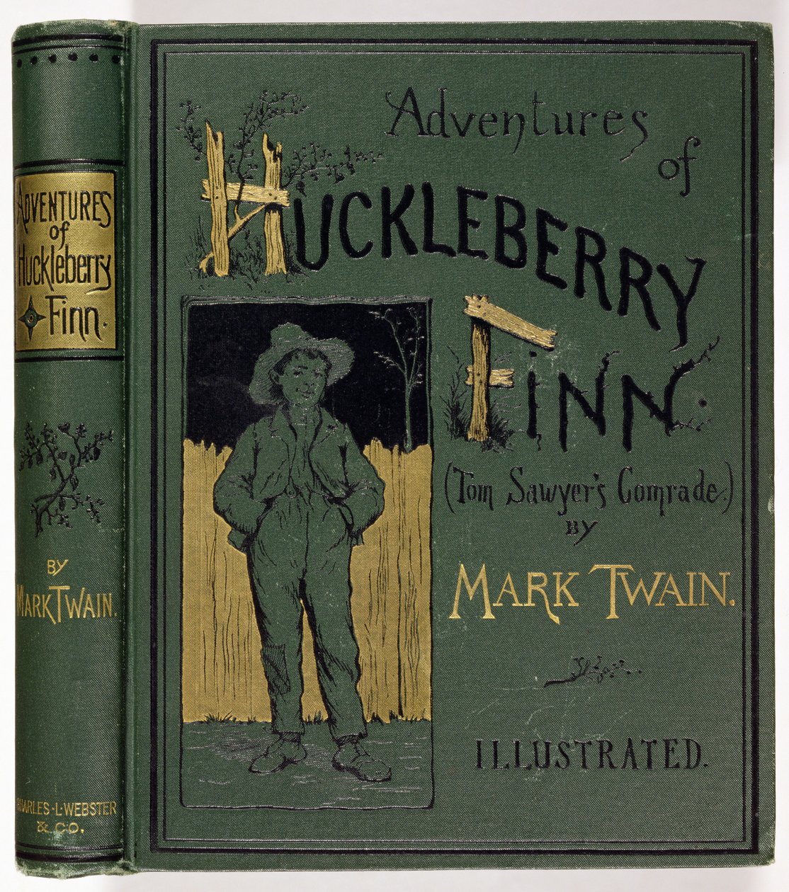 Capa de aventuras de Huckleberry Finn por Mark Twain (1835-1910) primeira edição americana, publicada por Charles L. Webster, 1885 (pano de ouro em relevo) de American School