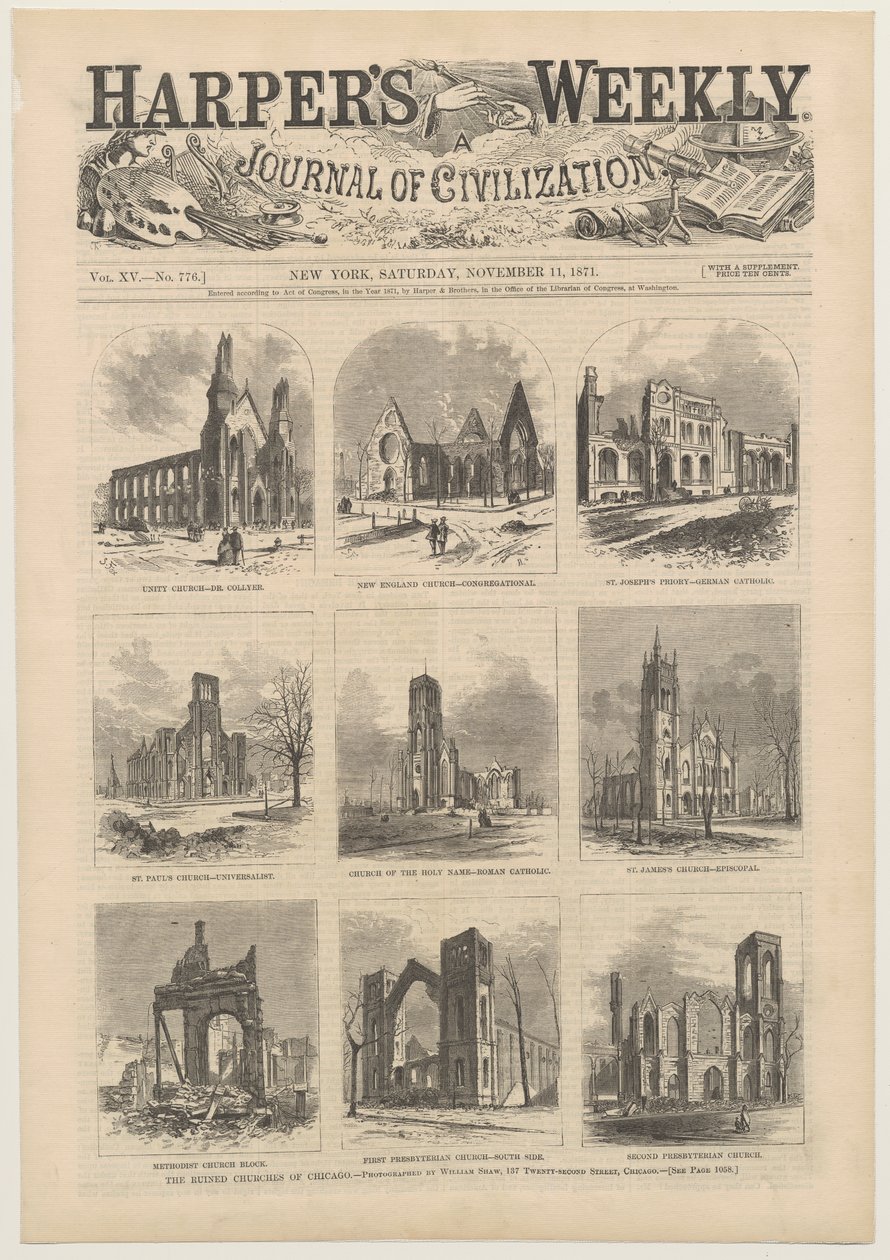 Cover of Harpers Weekly mostrando cenas das igrejas arruinadas de Chicago, 11 de novembro de 1871 de American School