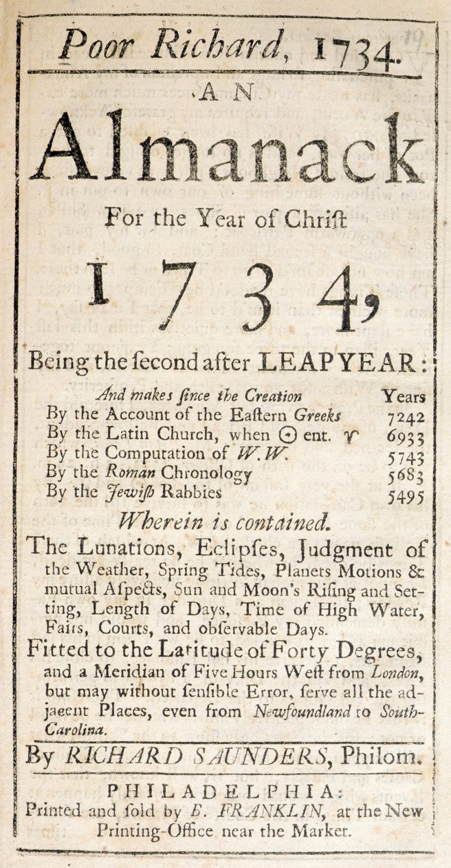 Capa de Pobre Ricardo, um Almanaque, 1734 (impresso) de American School