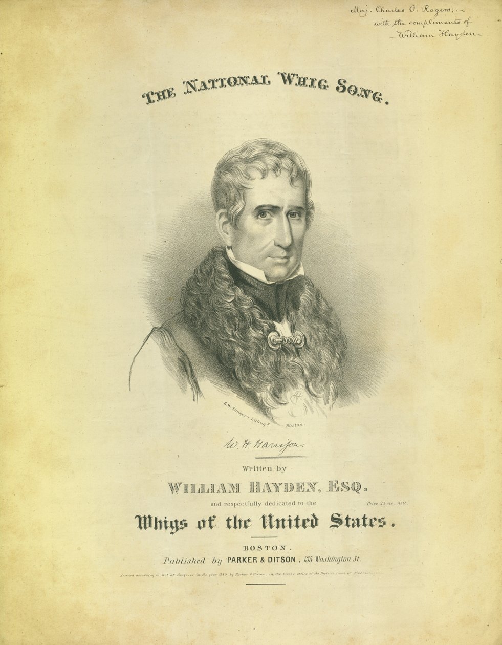 Capa da folha The National Whig Song, de William Hayden, publicada por Parker & Diston, Boston, 1840 de American School