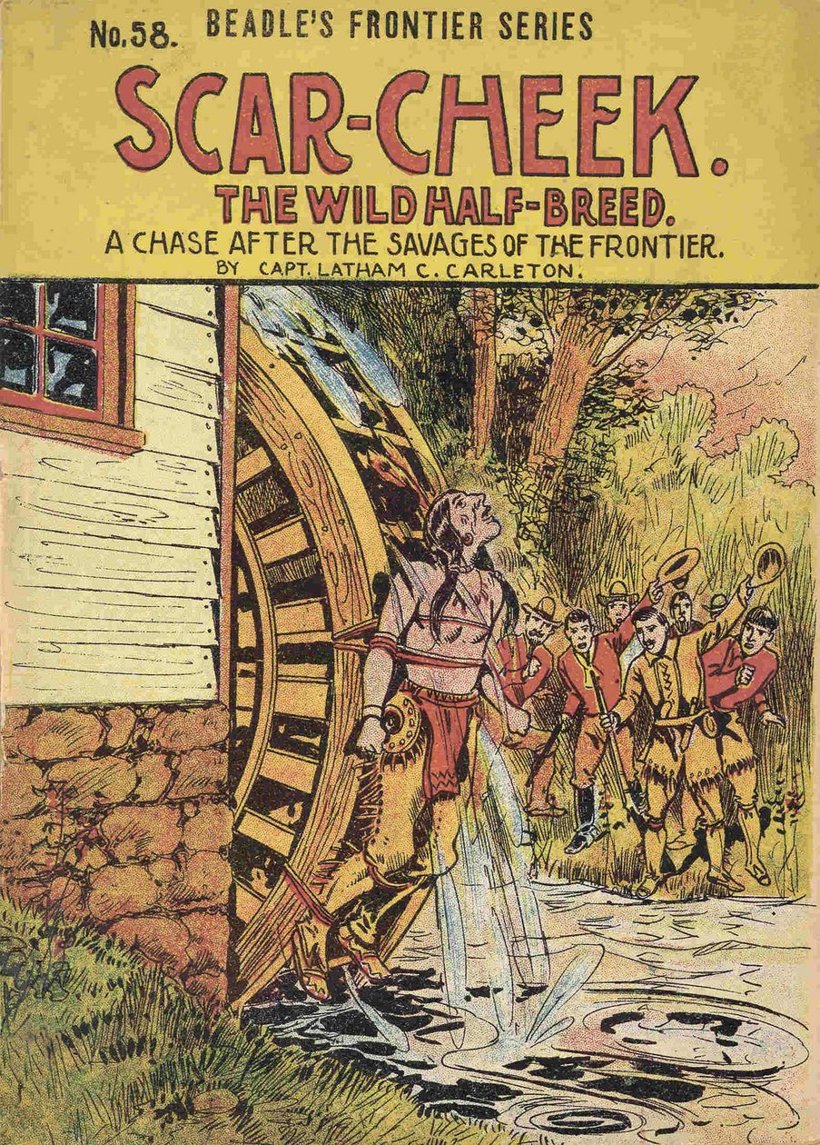 Capa do livro "ScarCheek - The wild half-breed". Uma perseguição aos selvagens da fronteira" do Capitão Latham C. Carleton. sd. início do século 20. de American School
