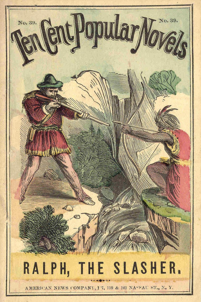 Capa do livro "Dez centavos de romances populares - Ralph, the Slasher", No. 39. American News Company. Um duelo entre índios e brancos. Sd em chamas. Início do século 20. de American School