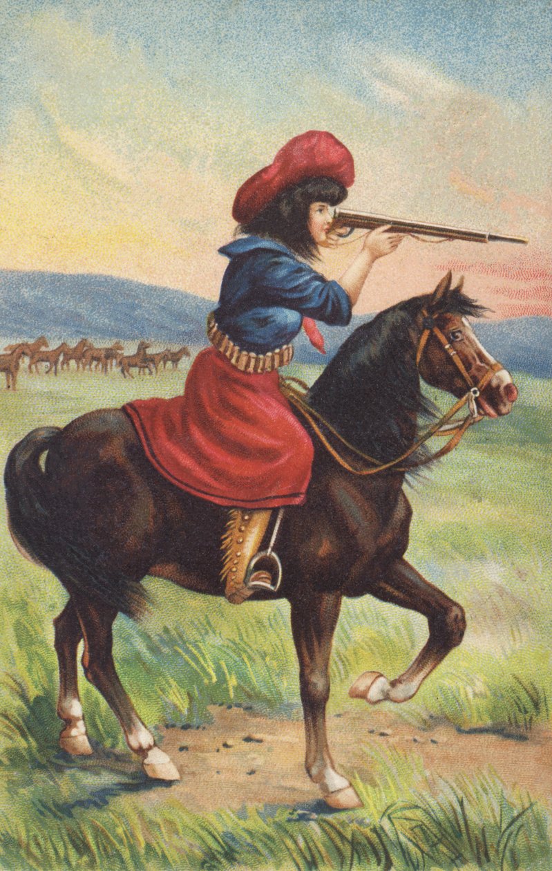 Vaqueira a cavalo apontando uma espingarda (cromolitografia) de American School