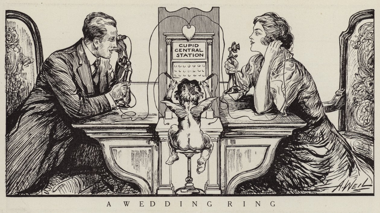 Cupido a orquestrar uma chamada telefónica entre um homem e uma mulher (litografia) de American School