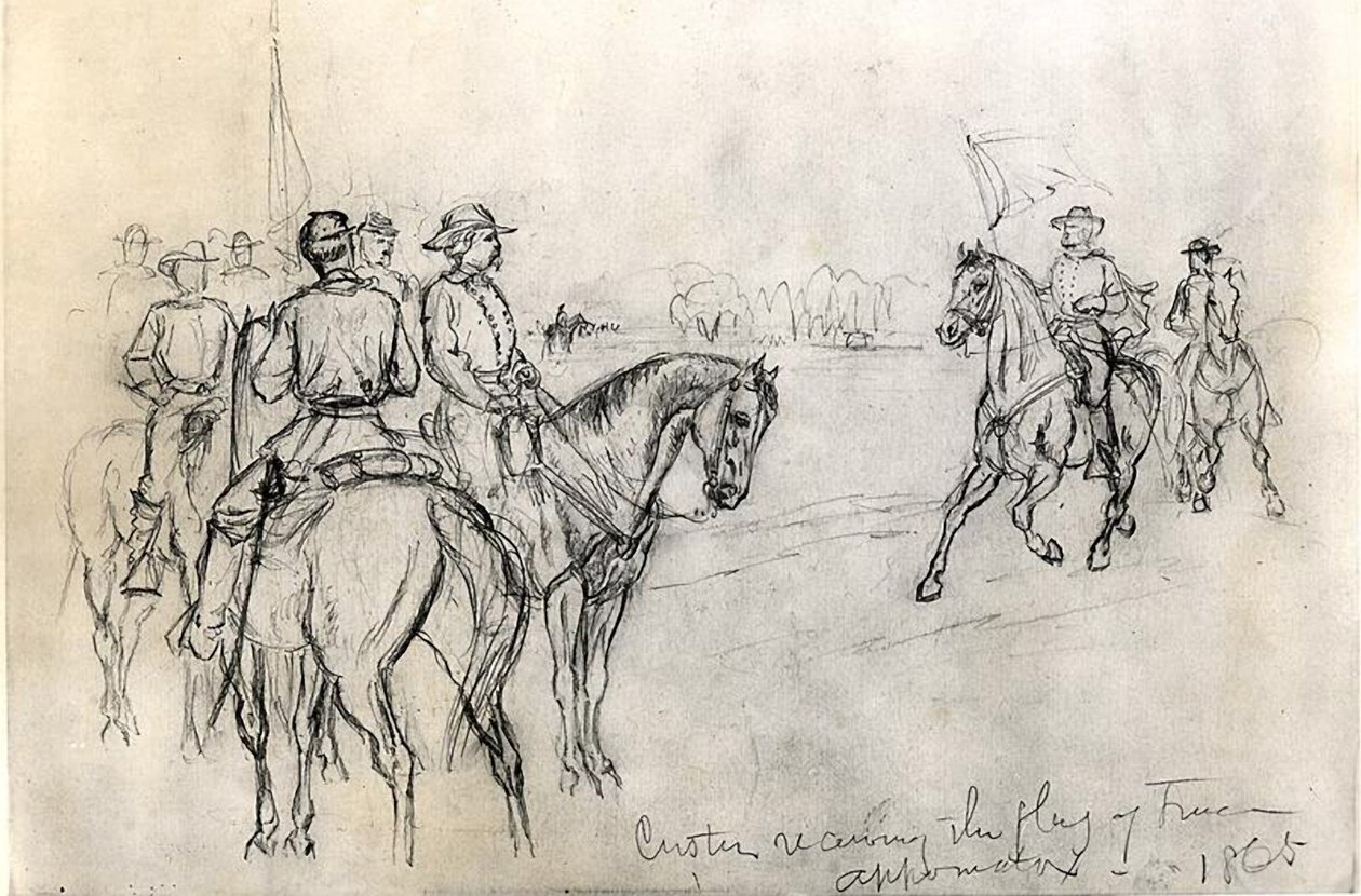 Custer recebendo a bandeira da liberdade, Appomattox, 1865 de American School