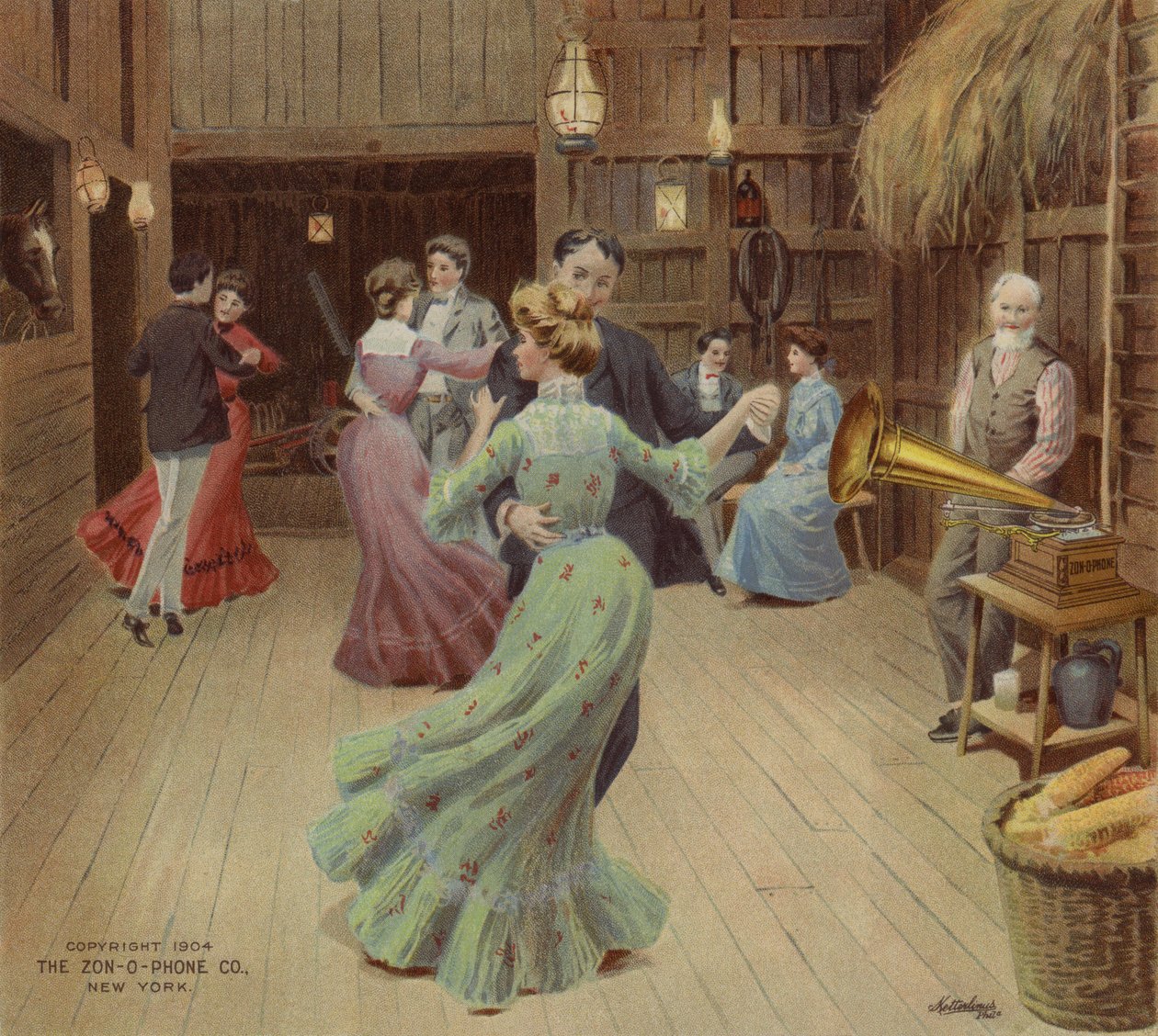 Dançar num celeiro ao som de um fonógrafo (litografia a cores) de American School