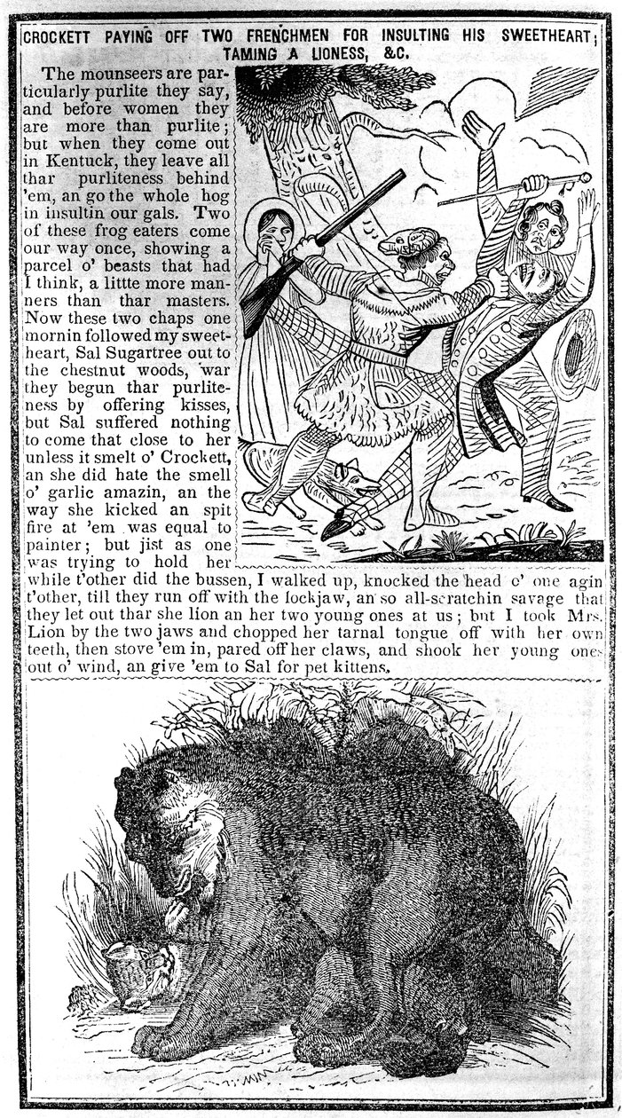Davy Crockett pagando dois franceses por insultar sua namorada, domar uma leoa, etc., ilustração de Crocketts Almanack de American School