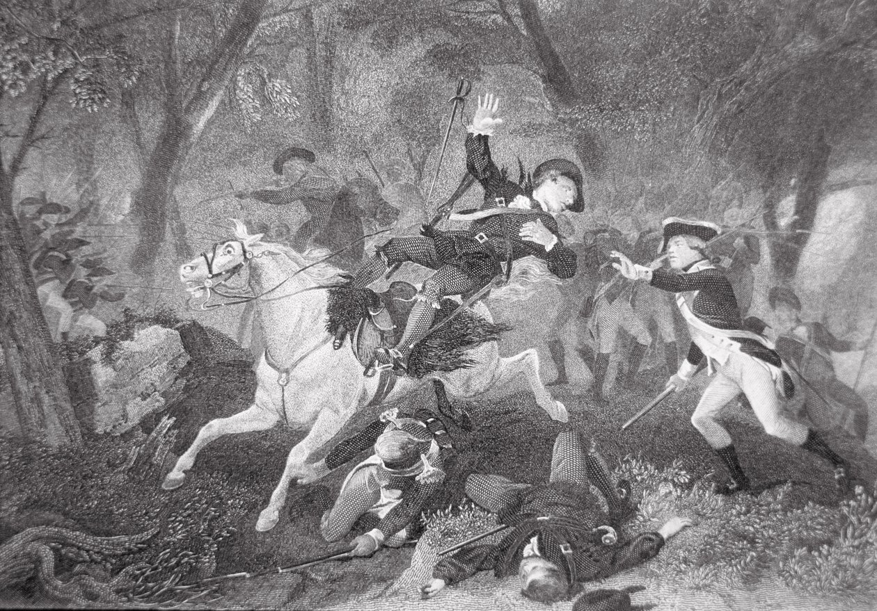 Morte de Patrick Ferguson na Batalha da Montanha do Rei, 7 de Outubro de 1780 (litho) de American School