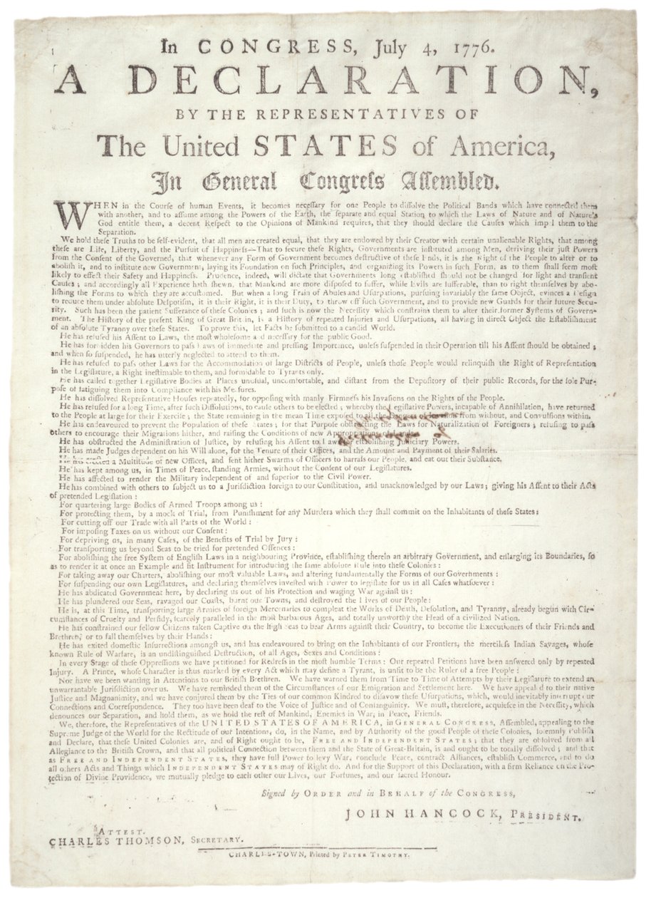 Declaração de Independência, Charleston, impressa por Peter Timothy (1725-1782), c.2 de agosto de 1776 de American School