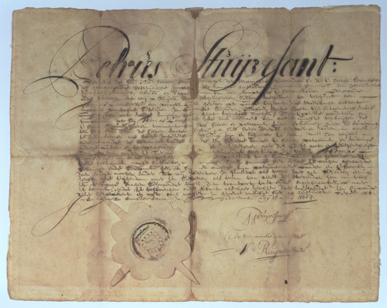 Escrito assinado por Peter Stuyvesant, Diretor Geral da Nova Holanda, 15 de maio de 1664 de American School