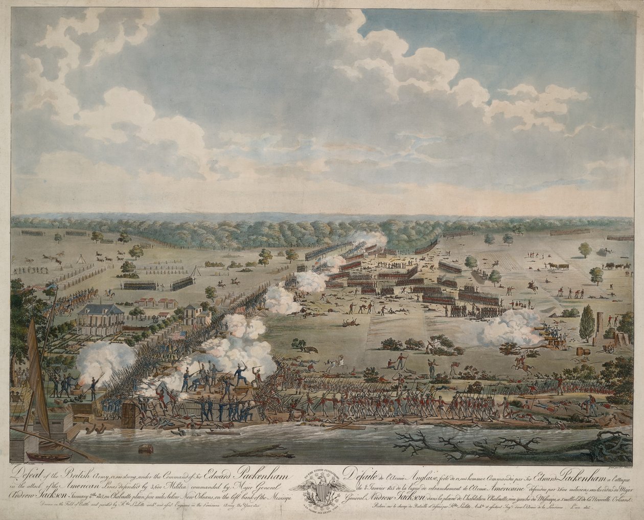 Derrota do Exército Britânico (Batalha de Nova Orleans), pub. 1815 (gravura colorida à mão) de American School