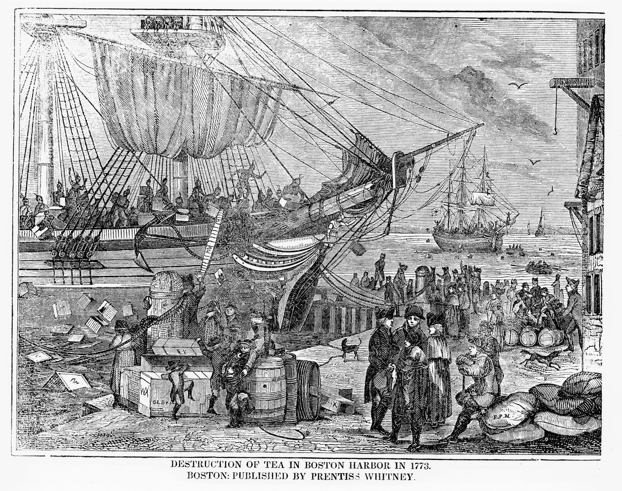 Destruição do chá no porto de Boston em 1773 de American School