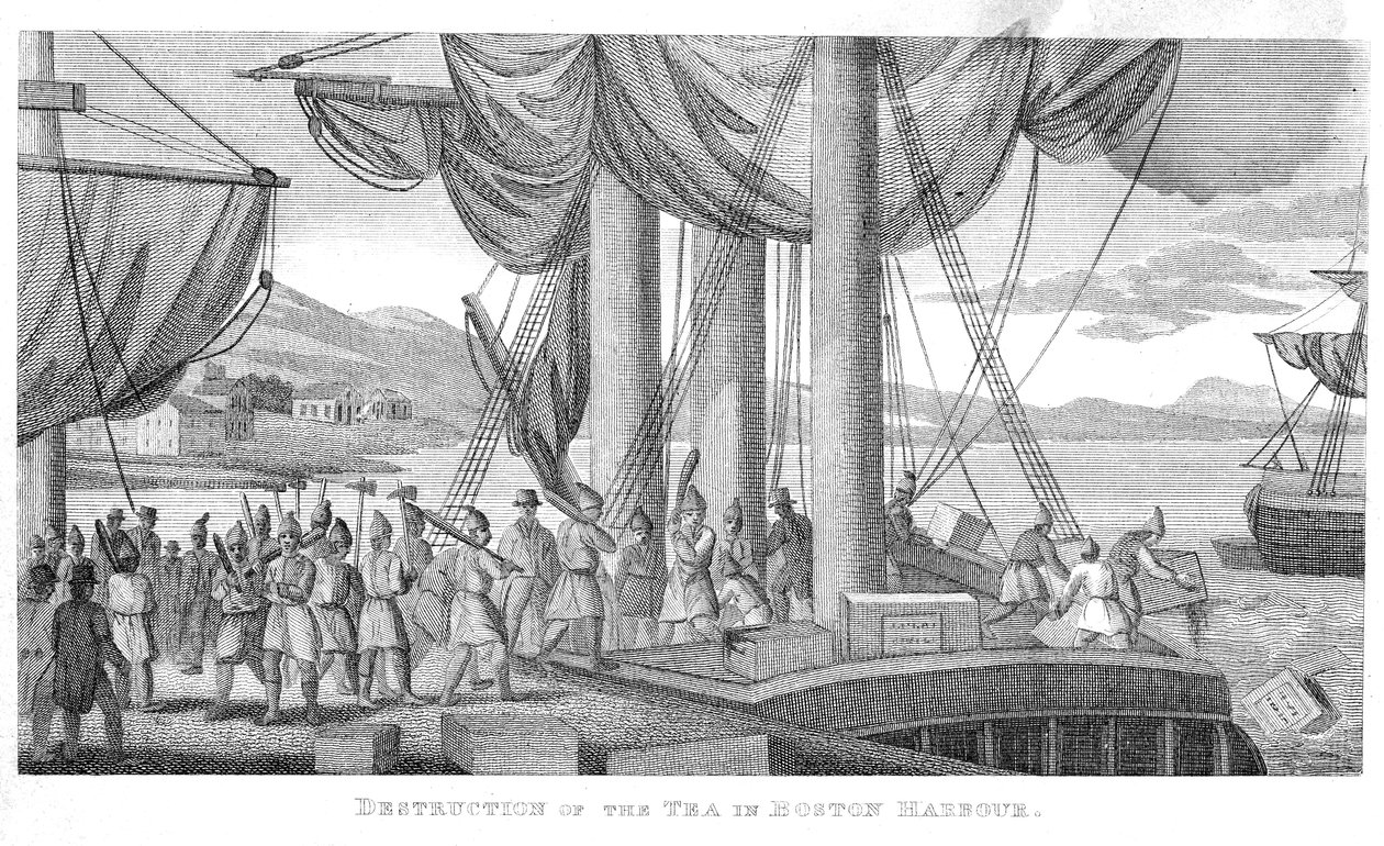 Destruição do chá no porto de Boston em 1773 de American School
