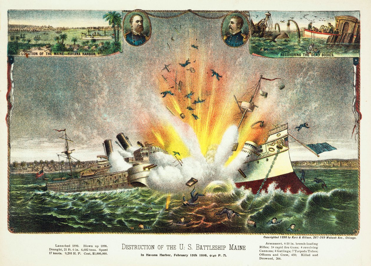 Destruição do navio de guerra dos EUA Maine em Havana Harbor 15 de fevereiro de 1898, pub.1898 de American School