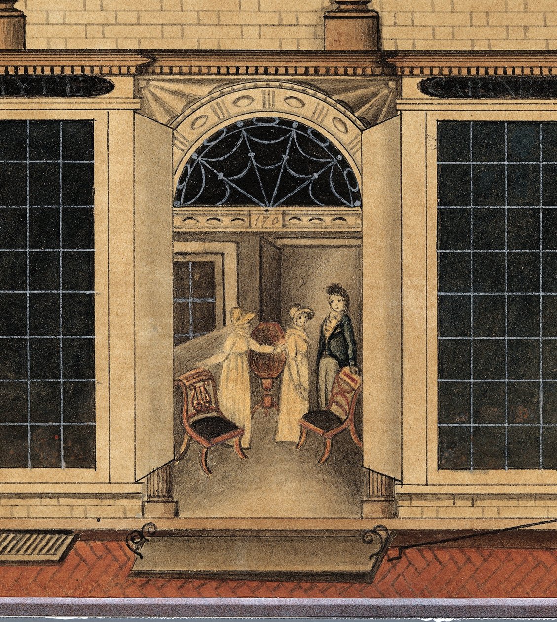 Detalhe da loja e armazém de Duncan Phyfe na Fulton Street na cidade de Nova York, c.1817-1820 (aquarela, tinta e guache em papel branco) de American School