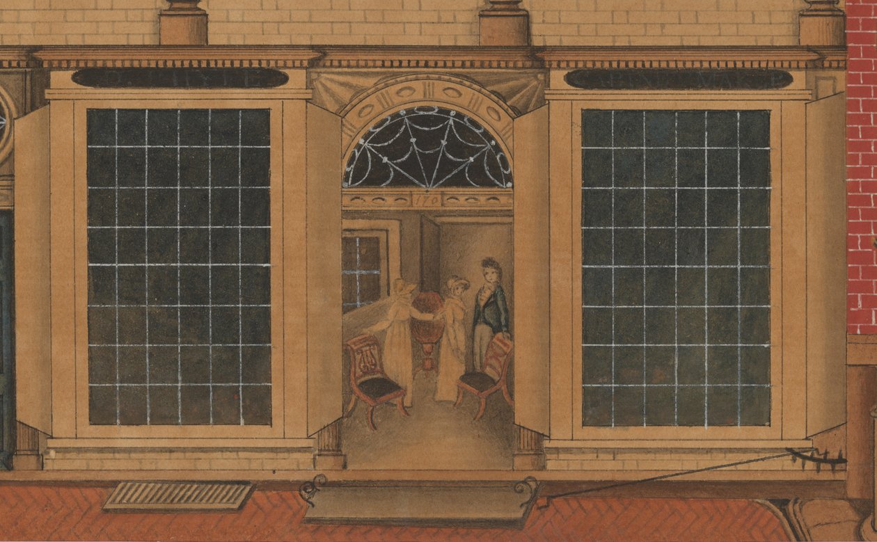 Detalhe da loja e armazém de Duncan Phyfe na Fulton Street na cidade de Nova York, c.1816-1817 (aquarela, caneta e tinta sobre papel) de American School