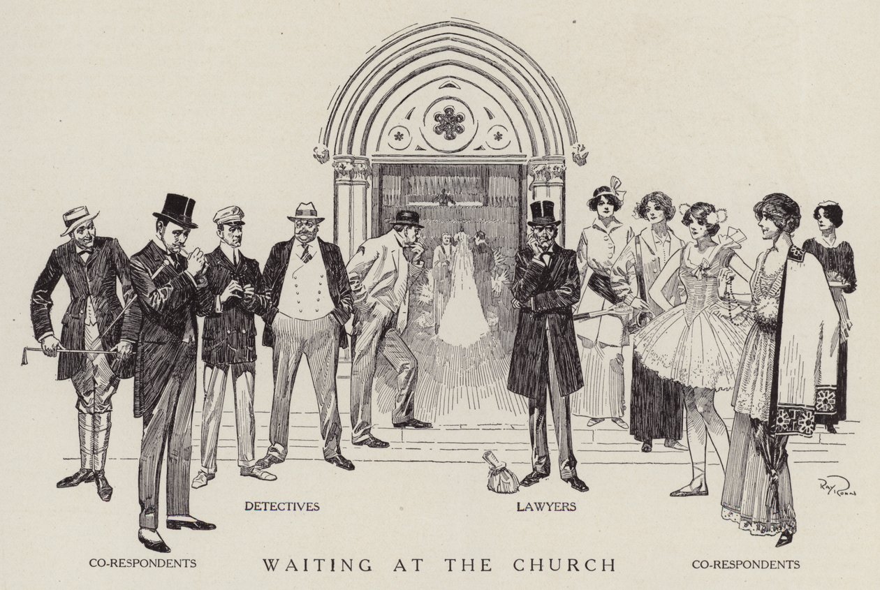 Detectives, advogados e correspondentes à espera do fim de um casamento na igreja (litografia) de American School