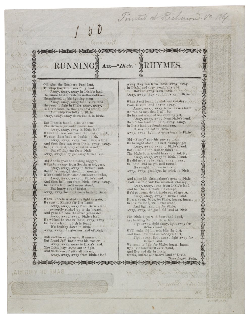 Dixie impresso no verso de um cheque, 1861 de American School