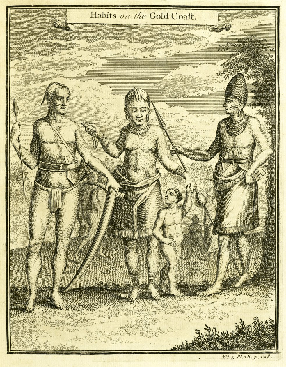 Traje do povo de Cape Lope Gonsalvo e Rio Gabão, ilustração de "Habits on the Gold Coast", de Thomas Astley, 1745-47 de American School