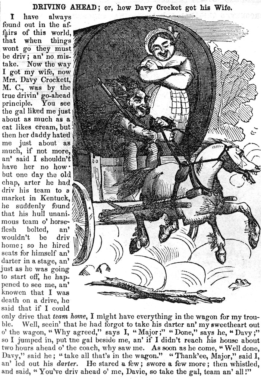 Dirigindo adiante, ou como Davy Crocket obteve sua esposa, do almanaque de Crocketts para 1856, publicado em Nova York, 1855 de American School