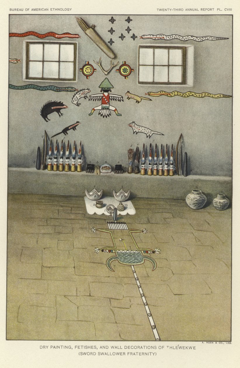 Pinturas secas, fetiches e decorações murais de Thlewekwe (fraternidade dos engolidores de espadas) (litografia a cores) de American School