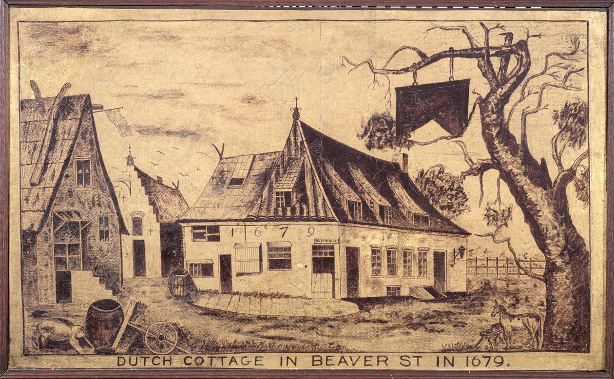 Cottage holandês em Beaver Street em 1679, c.1853 (óleo em gaze) de American School