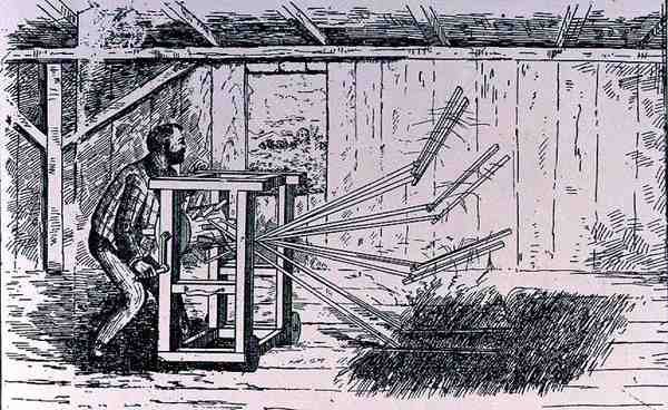 Primeiras tentativas de máquinas de debulhar, ilustração de The Growth of Industrial Art, 1892, de The Pageant of America, Vol.3, por Ralph Henry Gabriel, 1926 de American School