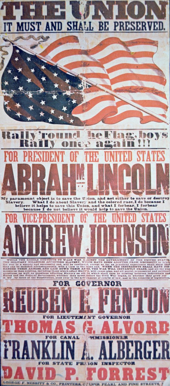 Cartaz da campanha eleitoral para Abraham Lincoln (1809-65) para Presidente e Andrew Johnson (1808-75) para Vice-Presidente de American School