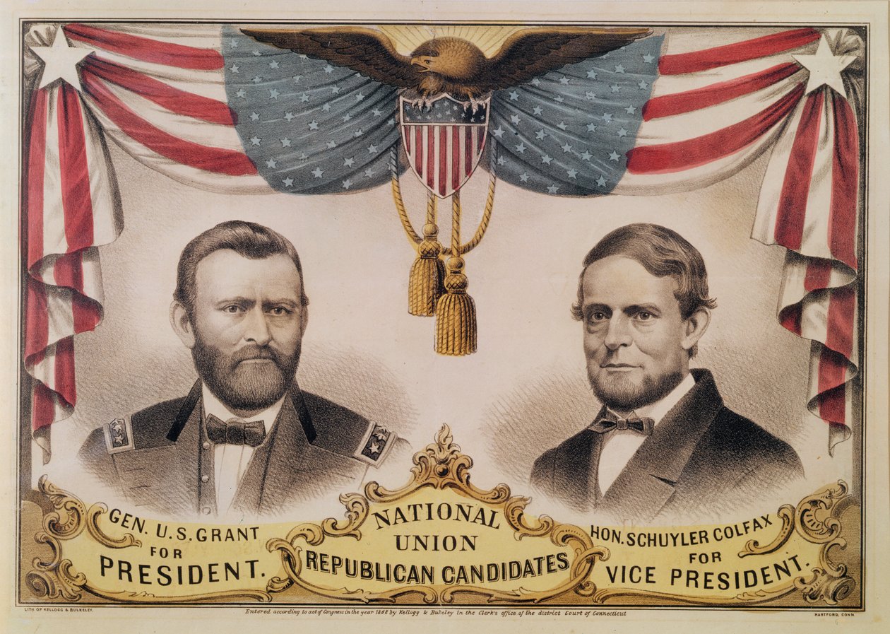 Cartaz eleitoral para a eleição presidencial de 1868 dos EUA que descreve Ulysses S. Grant e Schuyler Colfax, 1868 de American School