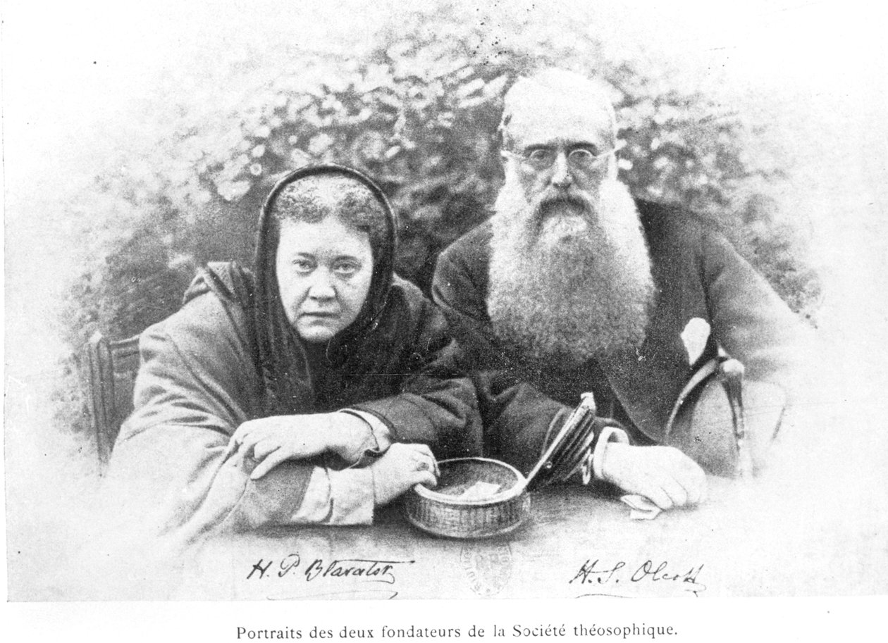 Elena Petrovna Blavatsky (1831-1891) e o coronel Henry Steel Olcott (1832-1907), da Histoire Authentique de la Société Theosophique de Olcott, publicado em 1908 de American School