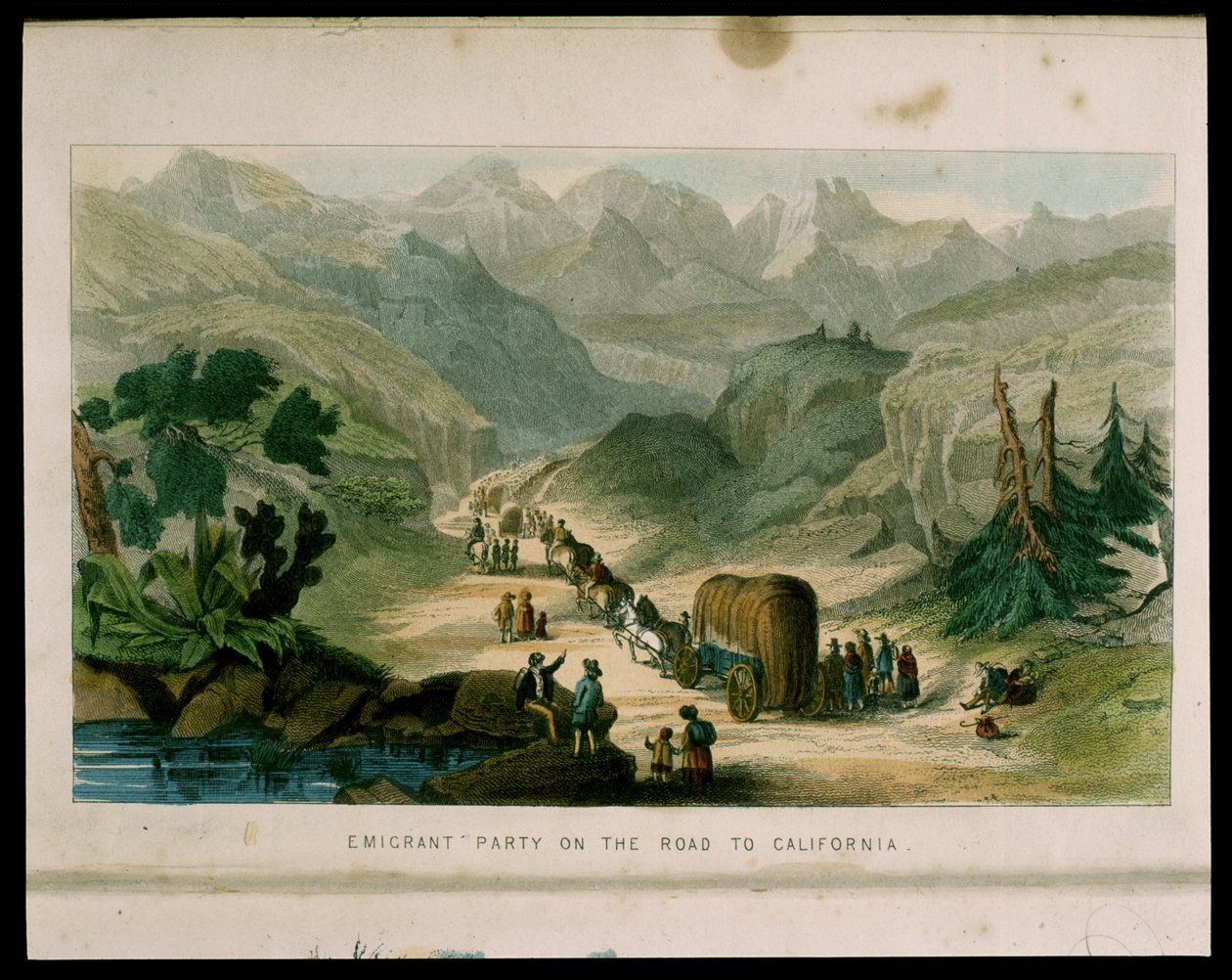 Emigrante Partido na estrada para a Califórnia em 1596, ilustração da Califórnia, sua história passada, sua posição atual, suas perspectivas futuras por GA Fleming, 1850 de American School
