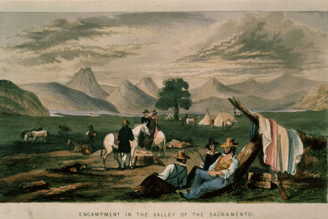 Acampamento no Vale do Sacramento em 1598, ilustração da Califórnia, sua história passada, sua posição atual, suas perspectivas futuras por GA Fleming, 1850 de American School