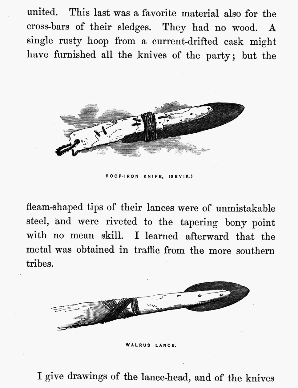 Faca e lança esquimó - Elisha Kent Kane, Exlorations Artic Exlorations in the years 1853-1855, vol. 1, p. 206, Philadelphia de American School