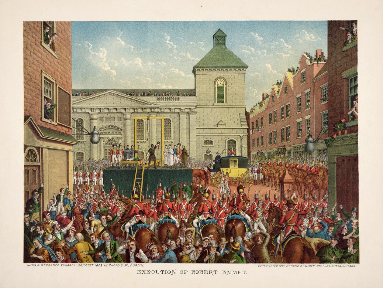 Execução de Robert Emmet em Thomas Street, 20 de Setembro de 1803, pub. 1803 (cor litho) de American School