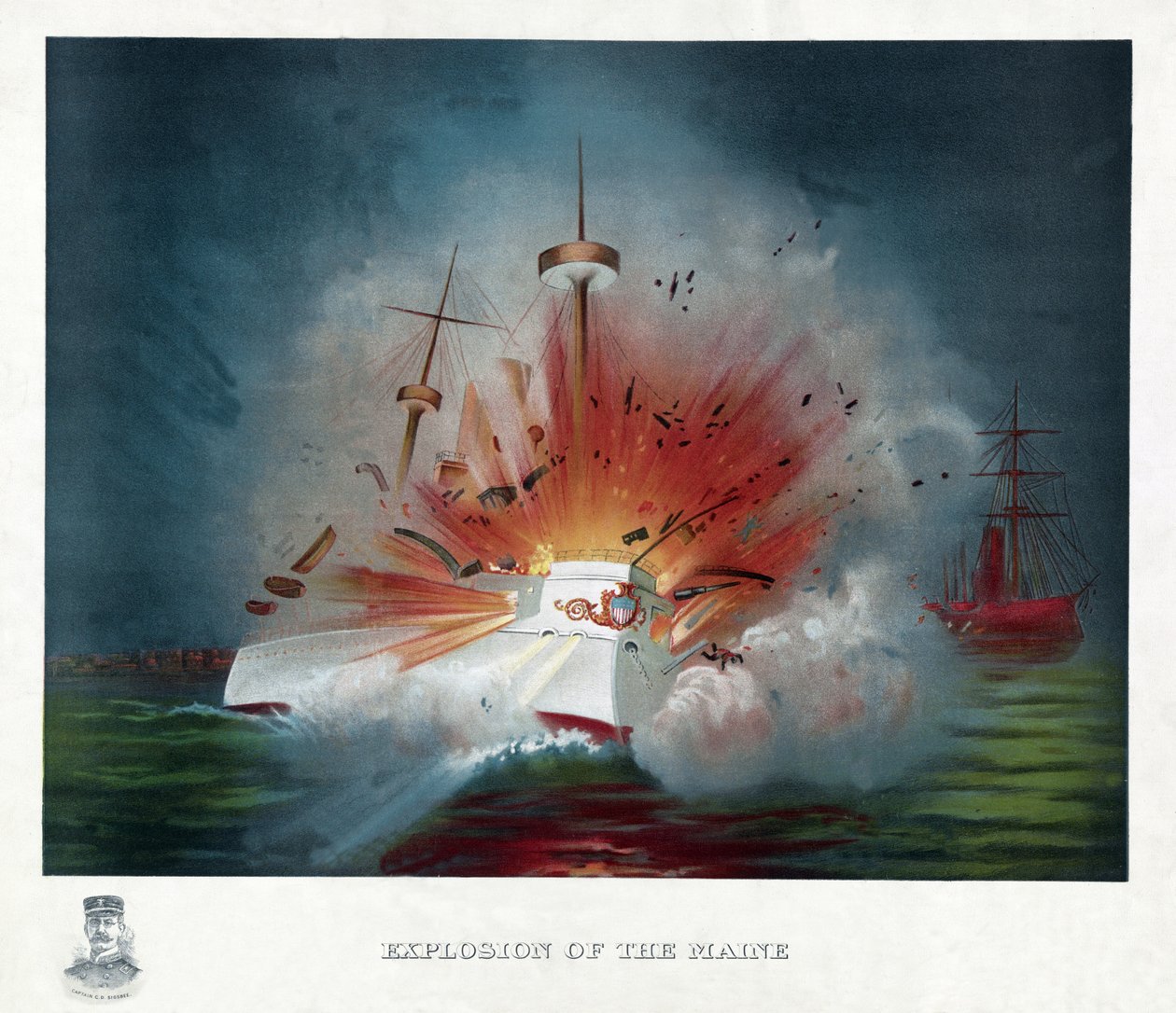 Explosão do Maine, pub. 1898 (litografia a cores) de American School