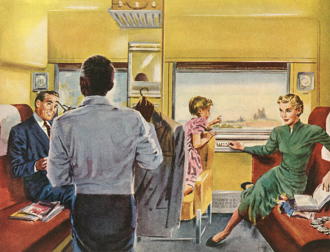 Família desfrutando de uma cabine de primeira classe em uma viagem de trem de American School
