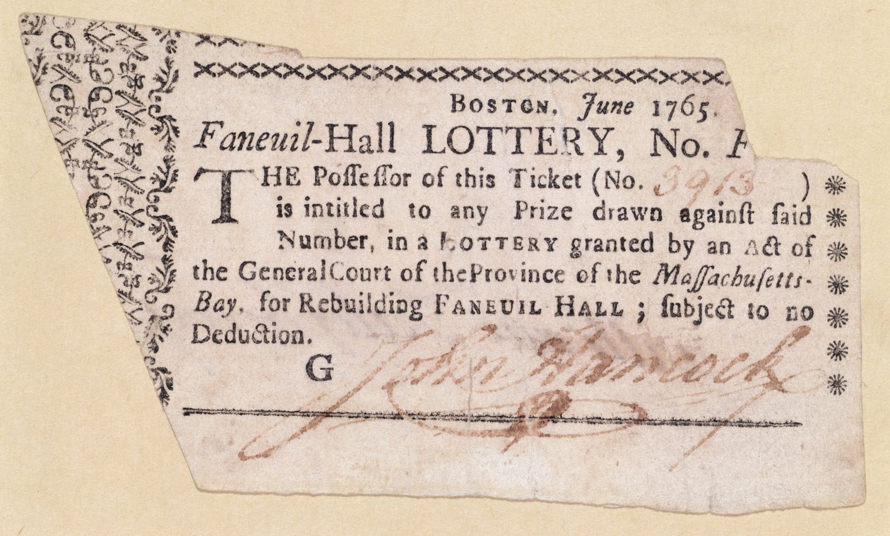 Bilhete de loteria Faneuil-Hall, assinado por John Hancock (1737-93) 1765 (tinta no papel) de American School