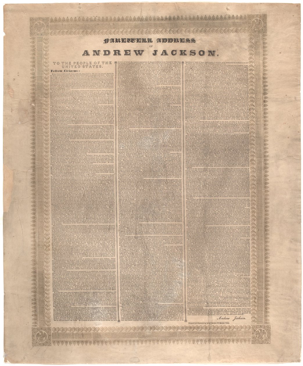 Discurso de despedida de Andrew Jackson, 1837 de American School