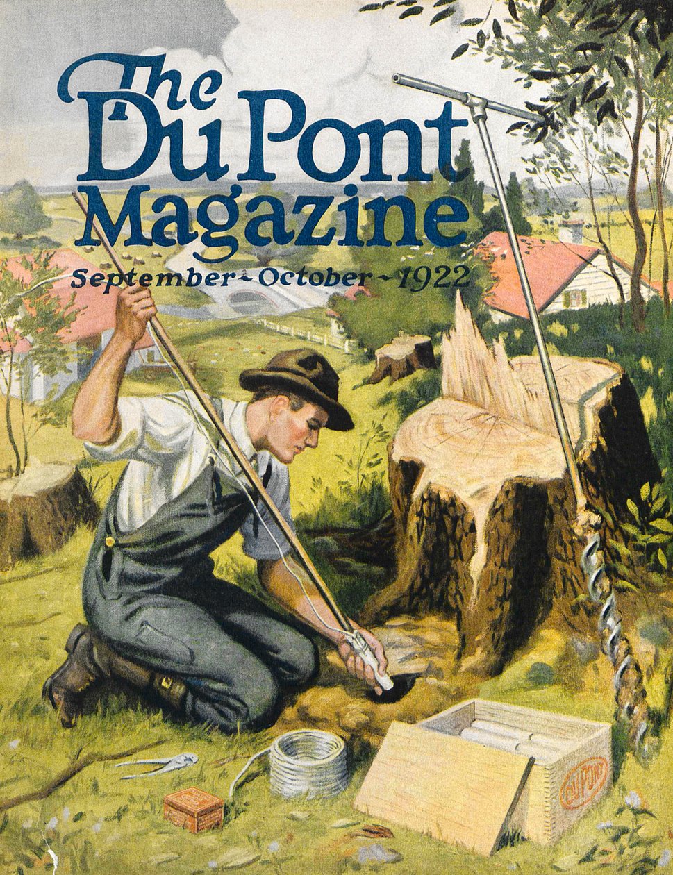 Agricultor plantando dinamite DuPont, capa da revista DuPont, setembro-outubro de 1922 de American School