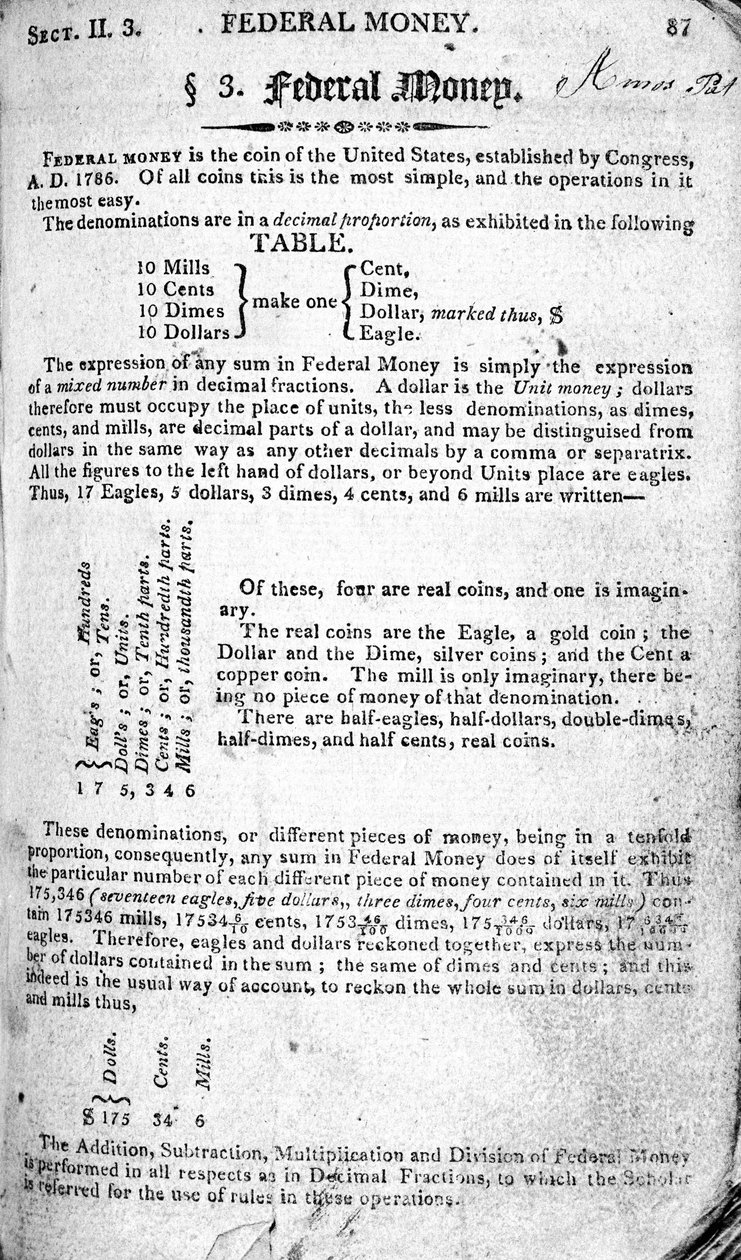 Dinheiro Federal, página de The Scholars Arithmetic 6th Edition, por Daniel Adams, publicado por NHKeene, 1810 (impressão) de American School