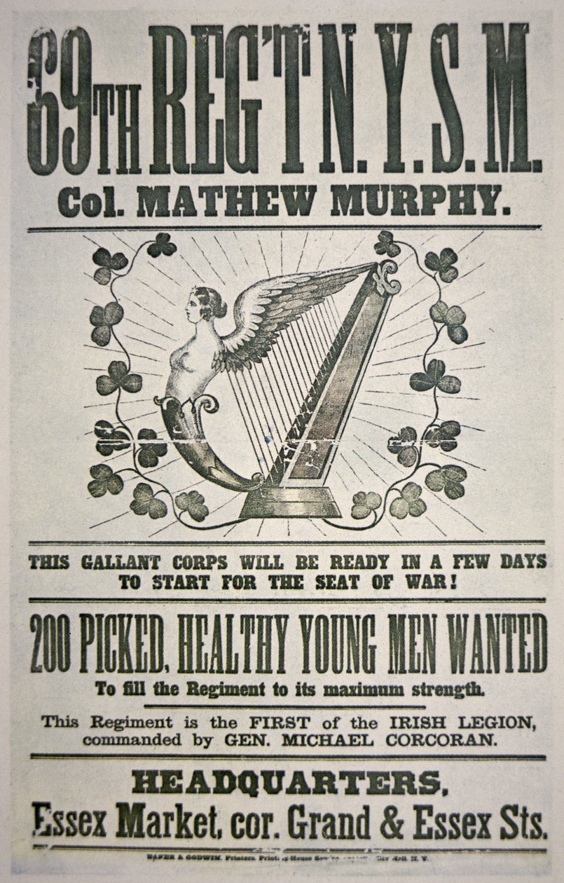 Cartaz de recrutamento federal para o 69º Regimento, apelando aos imigrantes irlandeses (cor litho) de American School