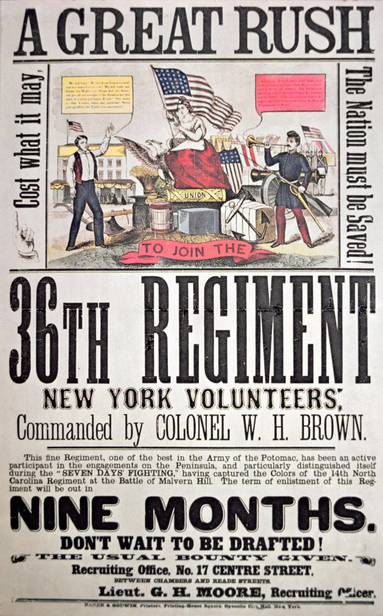 Cartaz de recrutamento federal para o 36º Regimento, voluntários de Nova Iorque (cor litho) de American School